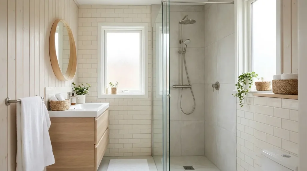Add a shower curtain or glass panel instead of a full enclosure