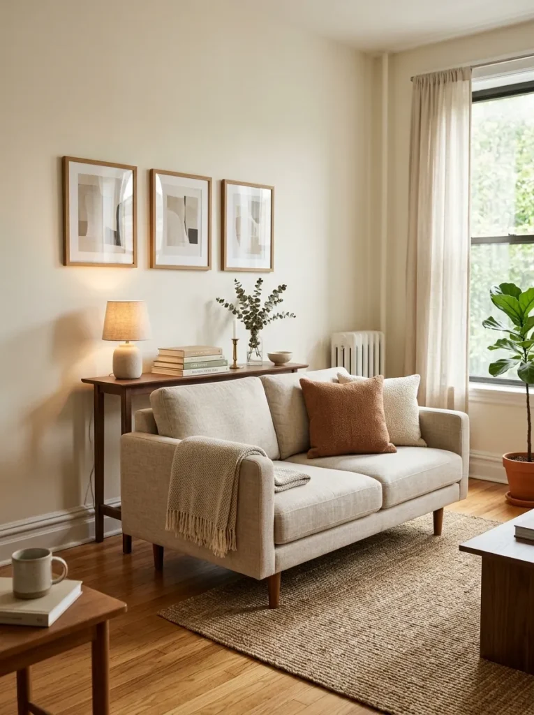 Add a slim console table behind the sofa