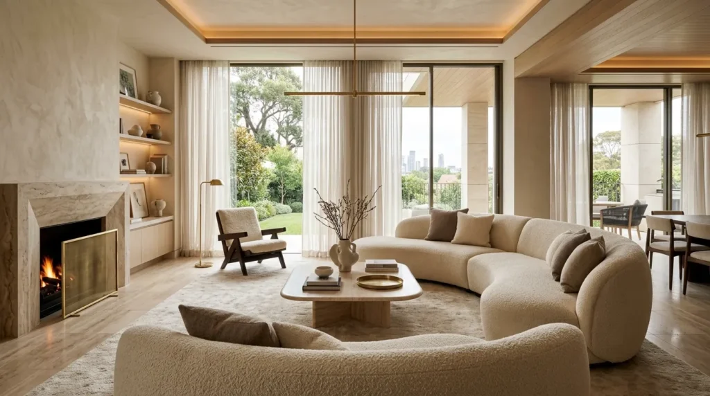 Anchor the room with an oversized sculptural sofa