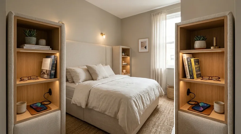Choose a headboard that adds storage or shelving