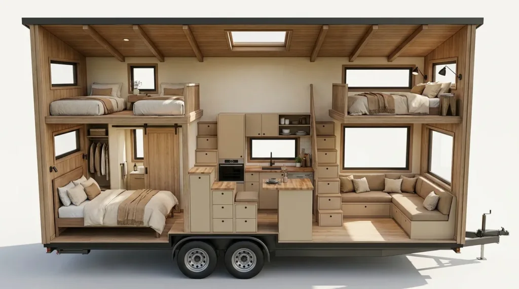 Consider the two loft plus ground floor bedroom layout