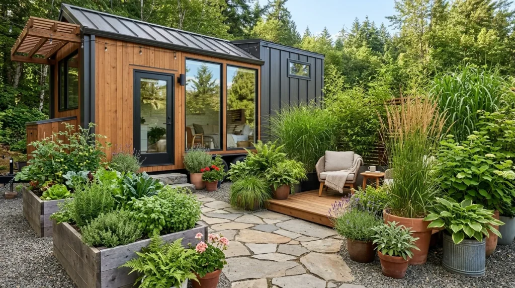 Container gardens and small planting areas for softness and privacy