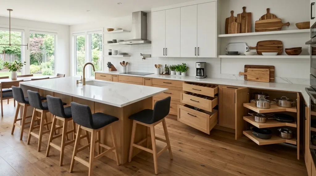 Corner storage solutions for l shaped or wraparound islands