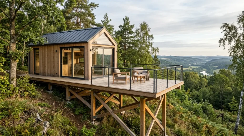 Elevated platforms or decks for sloped sites