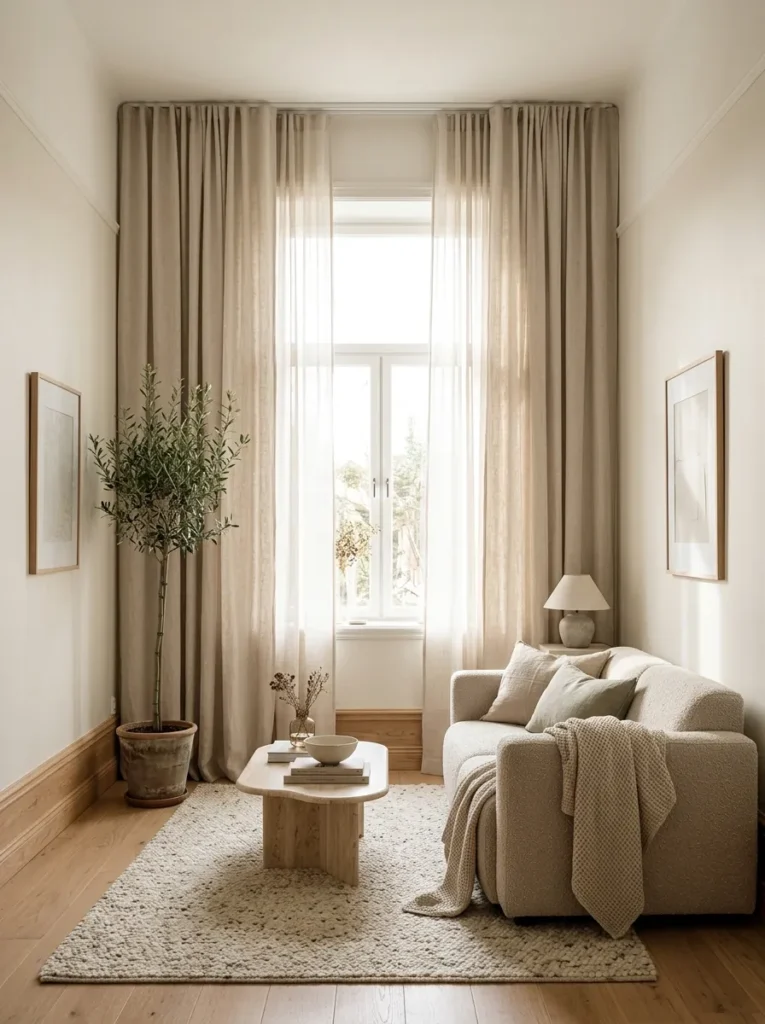 Hang curtains higher than the window frame