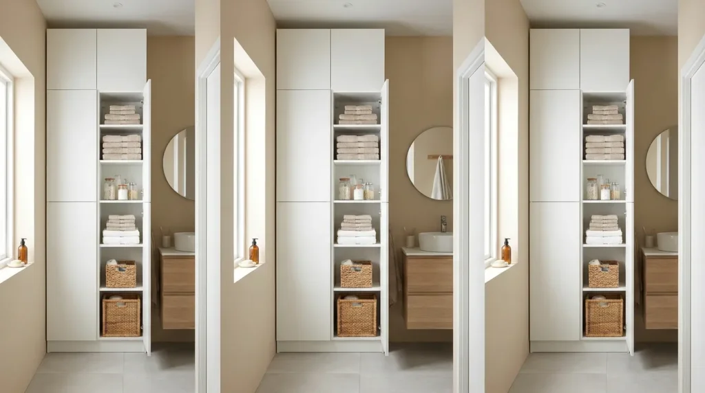 Incorporate a tall, narrow linen cabinet