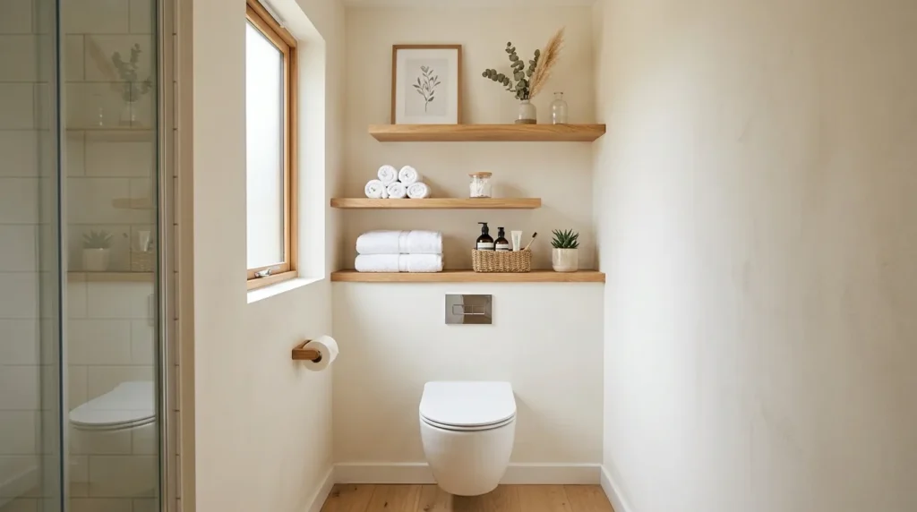 Install floating shelves above the toilet
