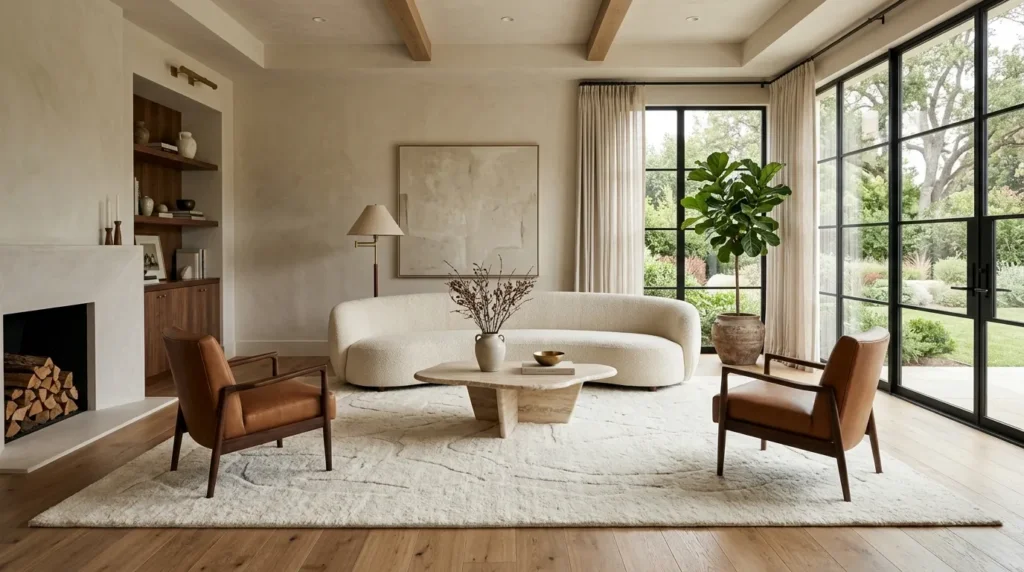 Introduce a statement rug that grounds the room