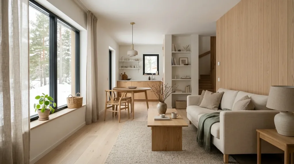 Keep the interior palette warm and minimal
