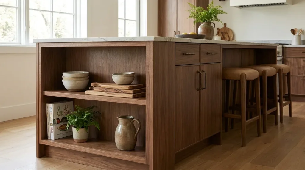 Open shelving combined with closed cabinetry