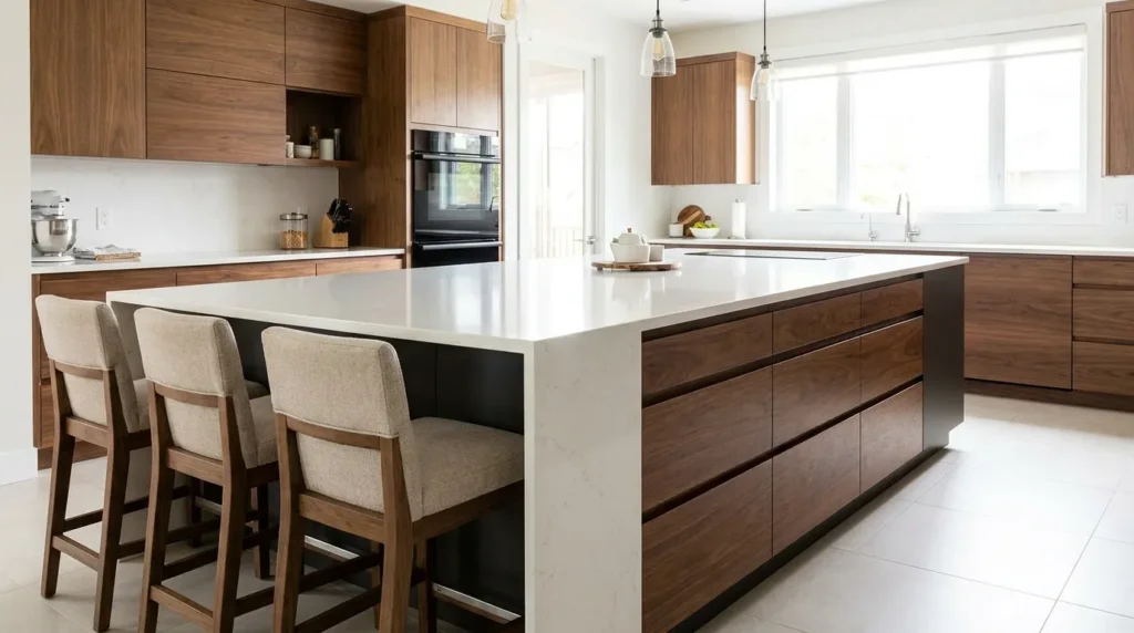 Overhang seating with drawers on the opposite side