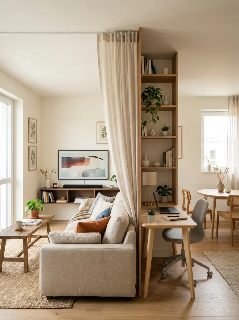 Use curtains or a room divider to create zones