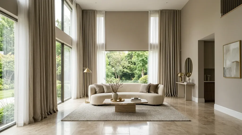 Use floor to ceiling drapery for height and softness