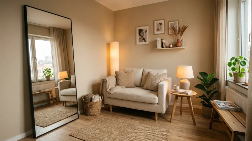 Use mirrors and lighting to open up the room
