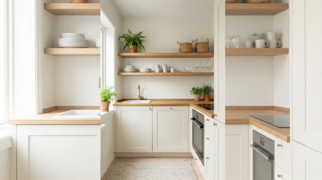 Use open shelving instead of upper cabinets
