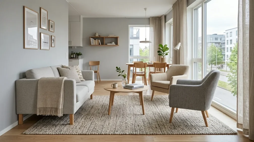 Use rugs to anchor and zone the room