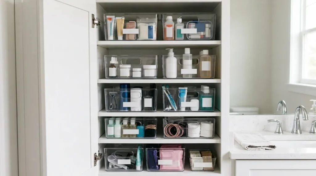 Use stackable, clear storage bins