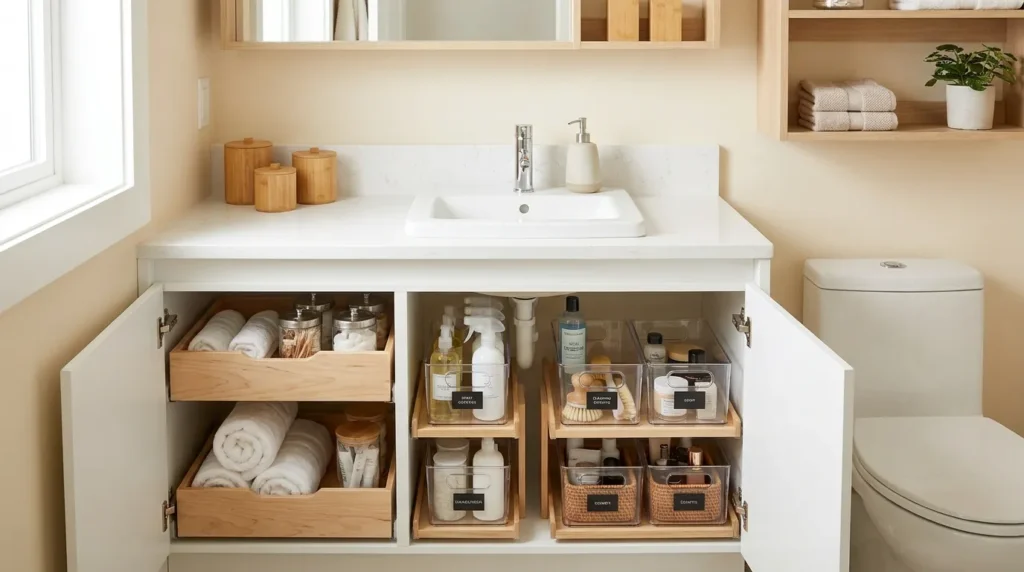Use under sink storage bins for better organization