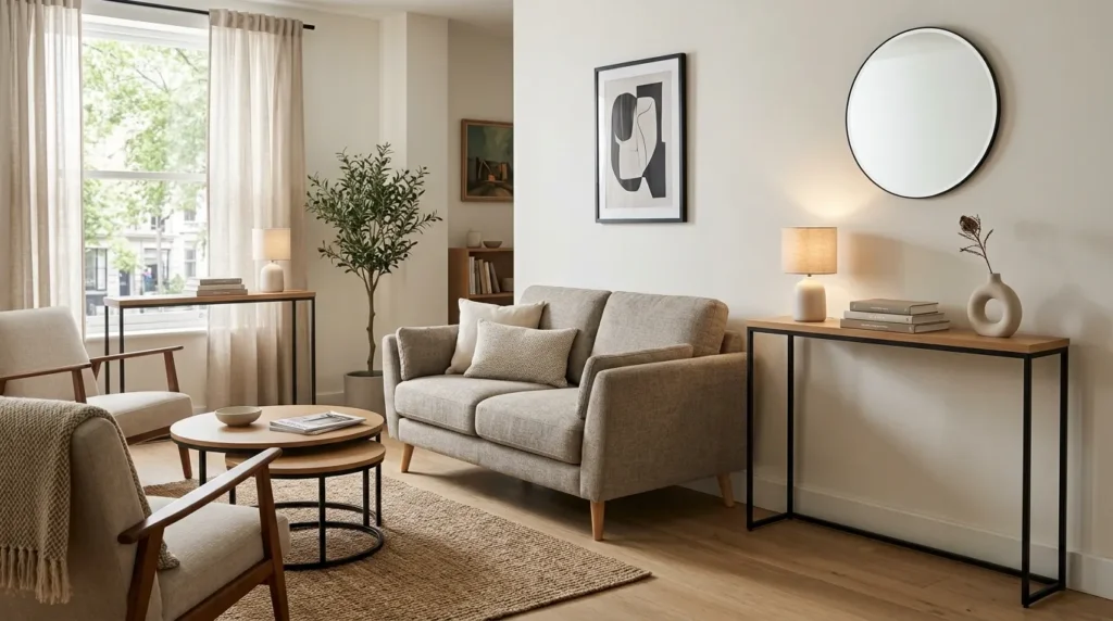 Use a slim console table behind the sofa