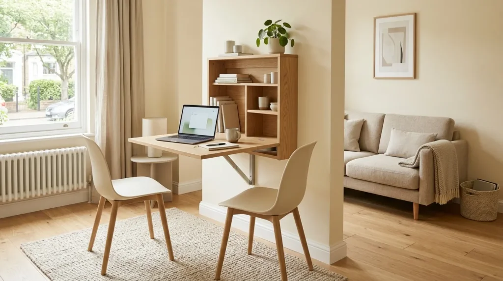 Use a wall mounted drop leaf table for multi purpose space
