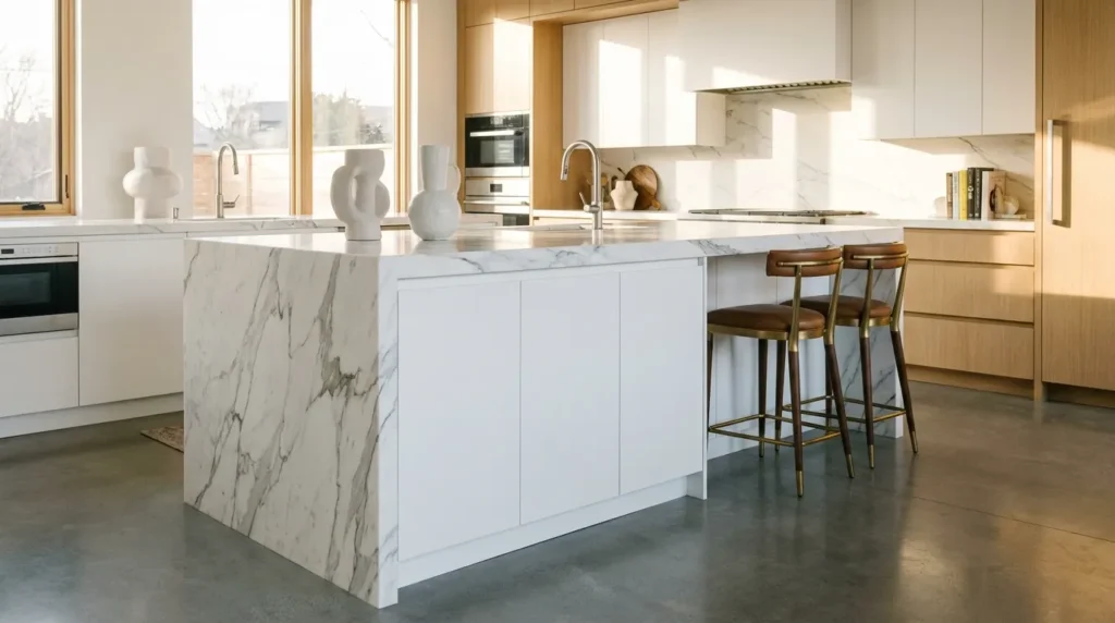 Waterfall countertop with hidden cabinetry