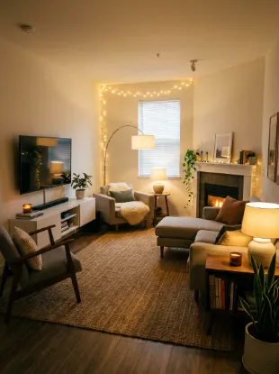 Zone the room with a rug and lighting