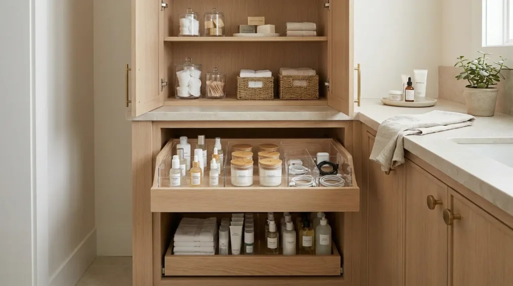A bathroom cabinet is easier to use when everything has a place