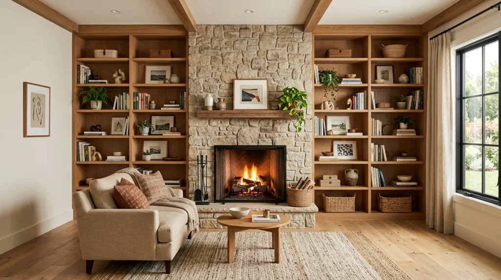 Add built in shelving around the fireplace