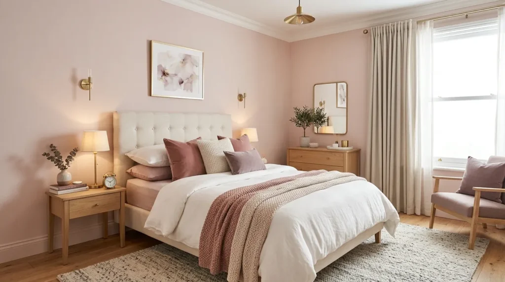 Blush, dusty rose, and muted mauve for gentle color