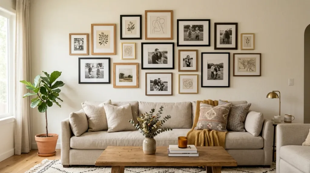 Build a gallery wall with mixed frame sizes