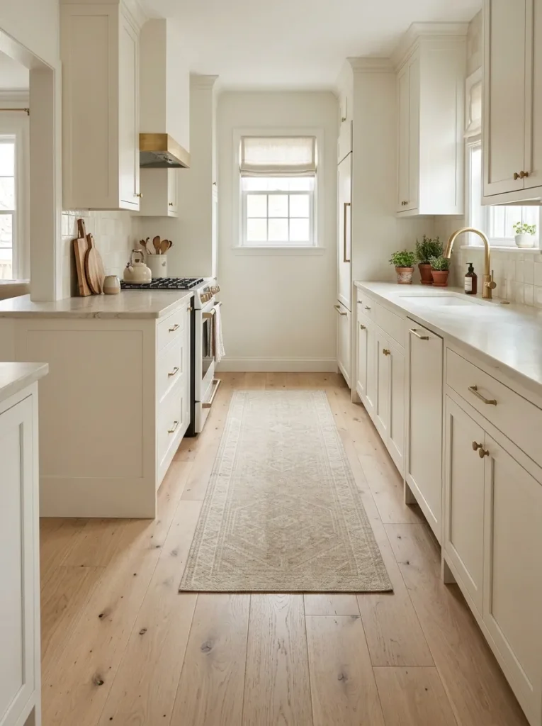 Draw the eye along the room with flooring and rugs