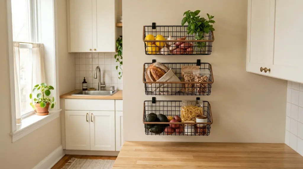 Hang a wall mounted wire basket system