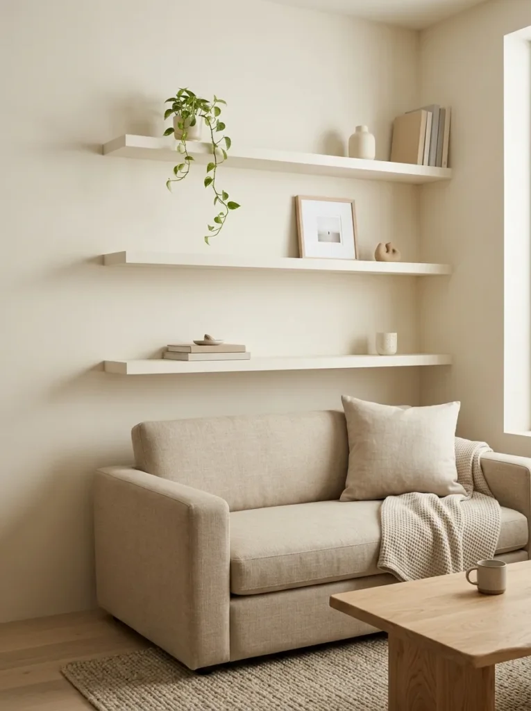 Install floating shelves in the wall color