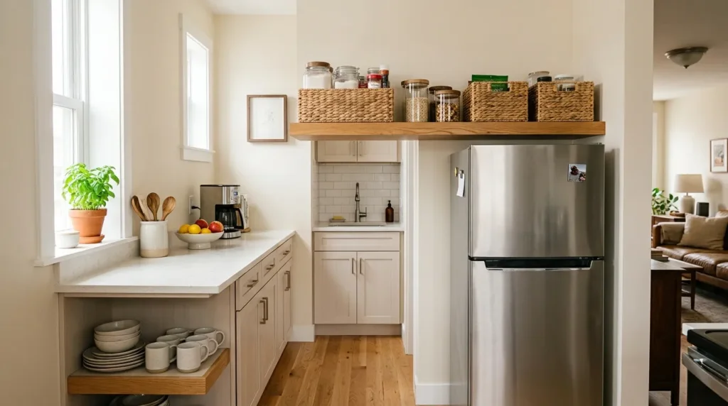 Install shelves above the fridge