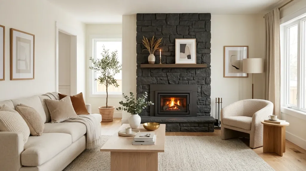 Keep the palette light around a dark fireplace
