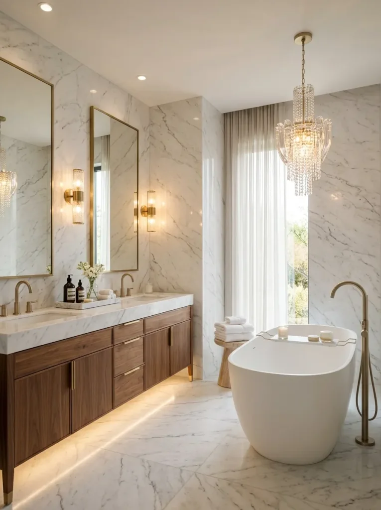 Luxe marble and brass hotel look