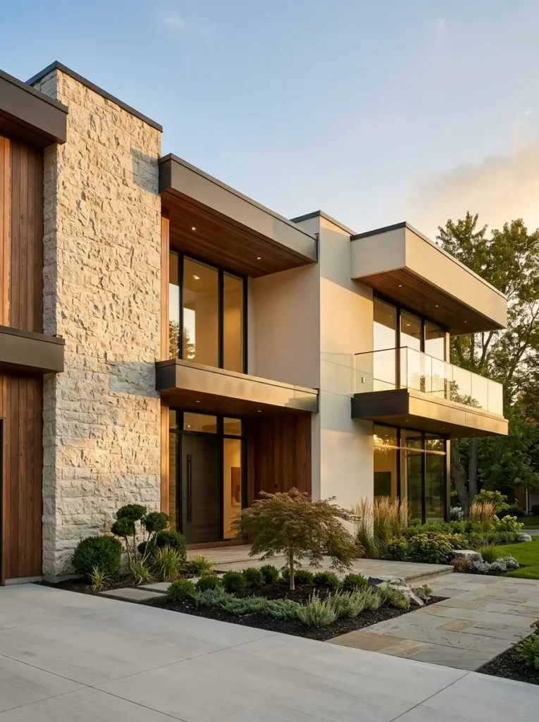 Mix natural stone, wood, stucco, and glass