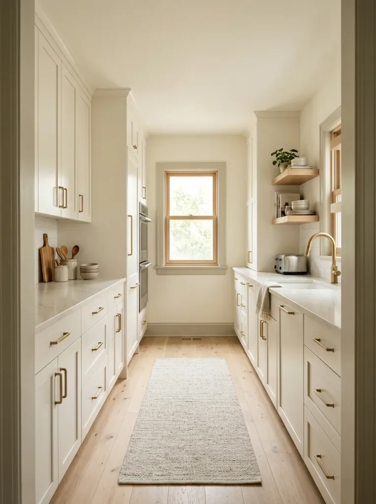 Paint walls and cabinets in light, warm tones