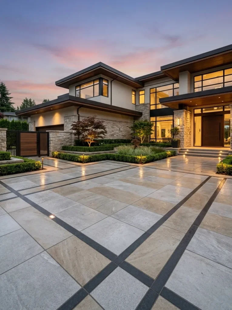 Polished stone driveway and inlay lines Polished stone driveway and inlay lines