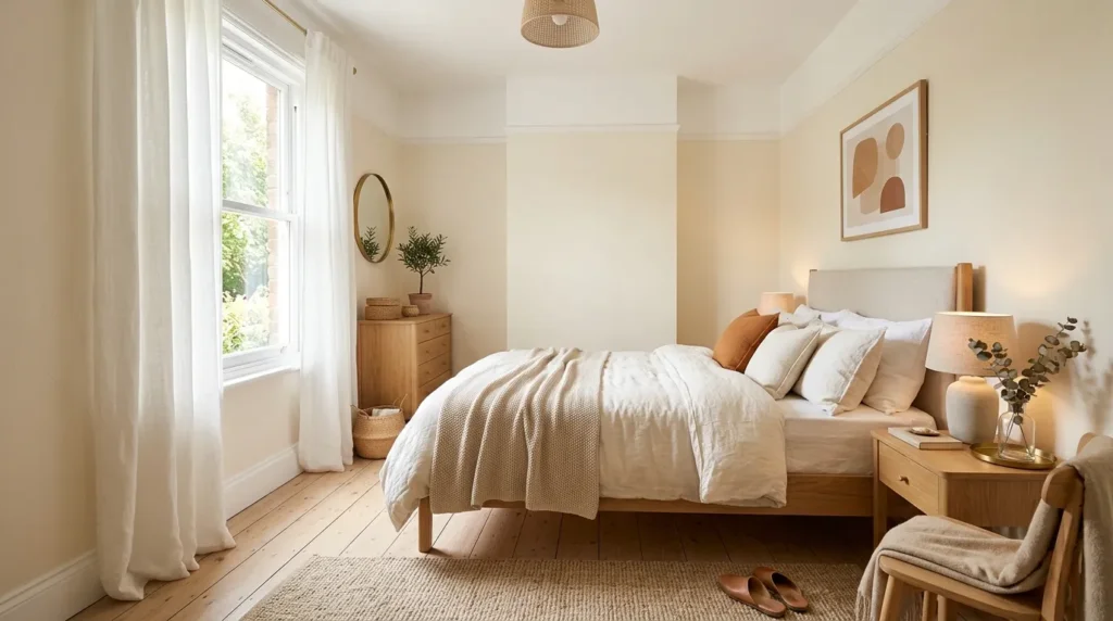 Soft white and warm ivory for an airy bedroom