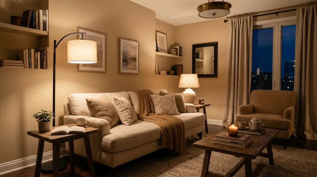 Start with warmer, softer lighting