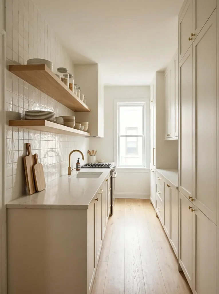 Swap heavy upper cabinets for open shelving
