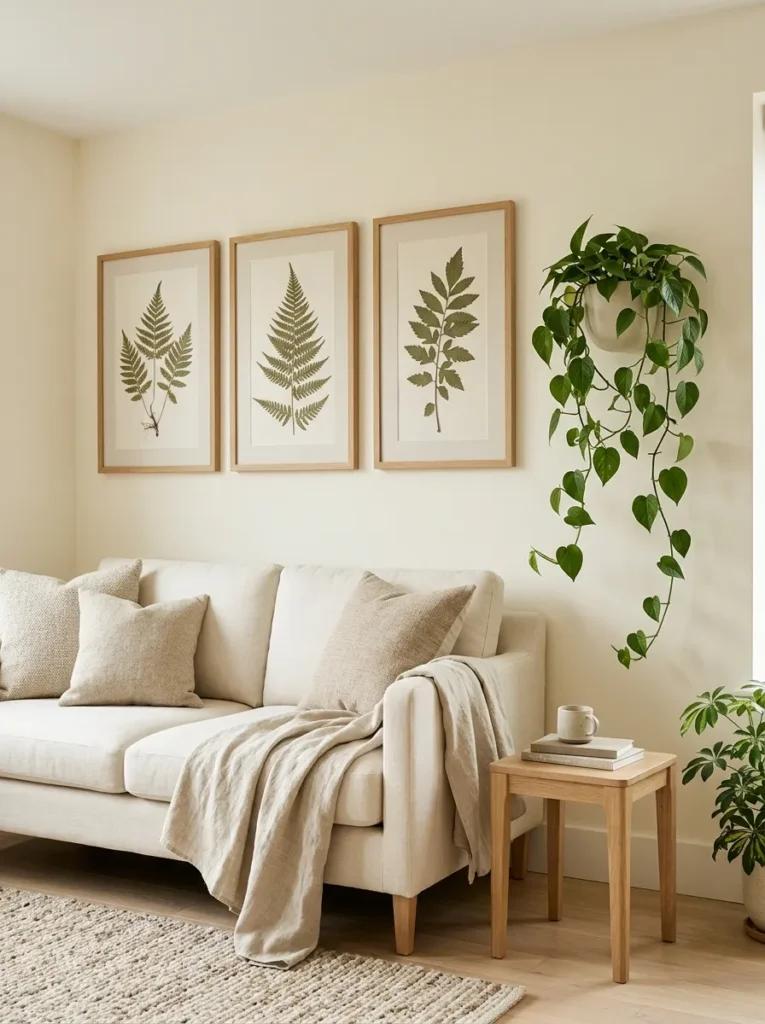 Use botanical prints and hanging greenery