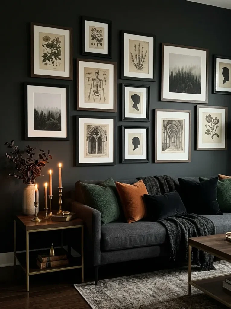 Use gallery walls with dark, gothic art