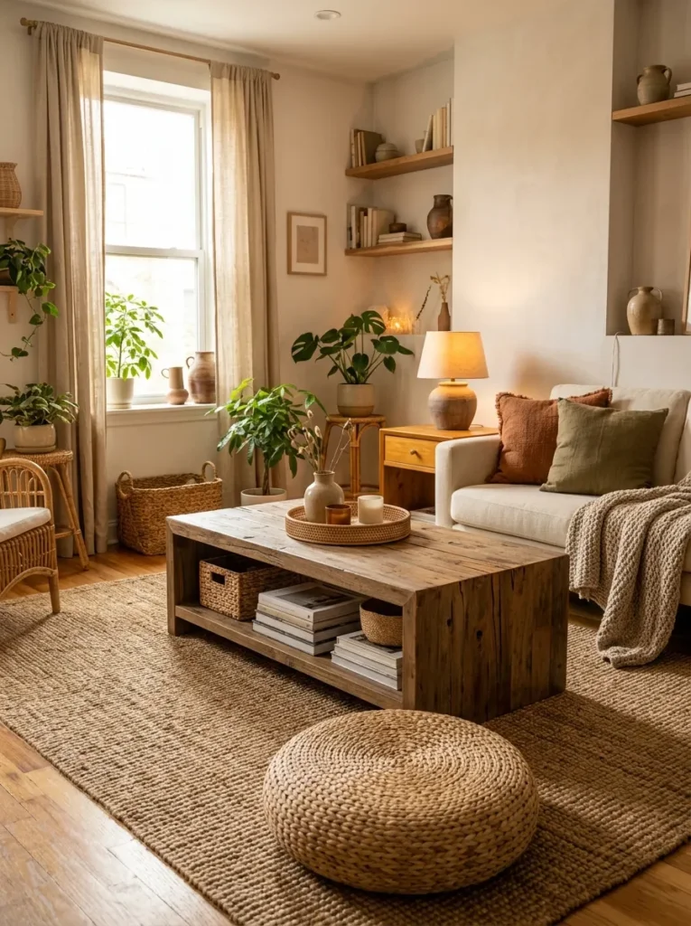 Use natural wood and woven elements