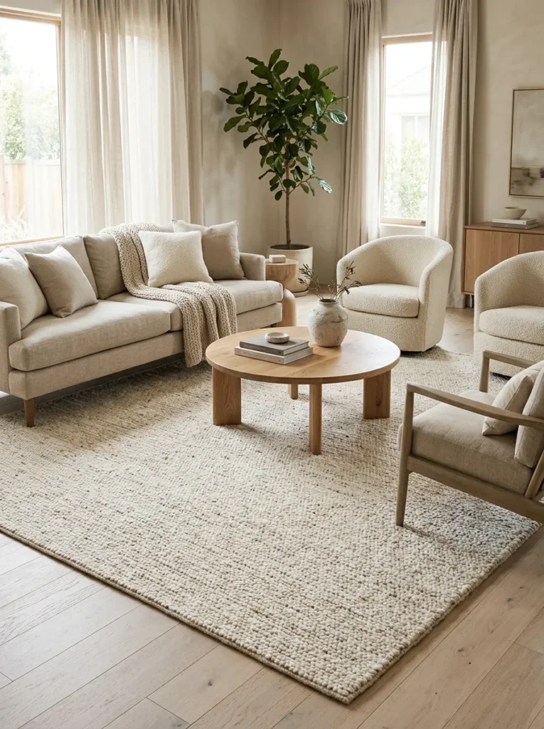 Use rugs to anchor and soften spaces