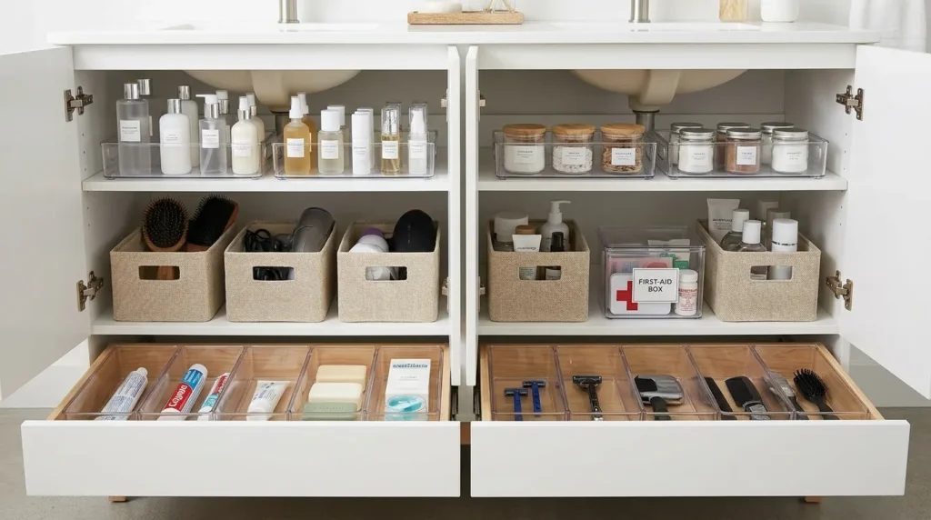 Use small bins and containers to create zones