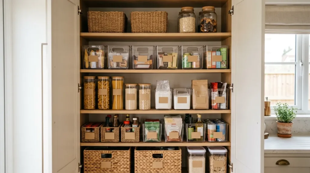 Use stackable bins and baskets