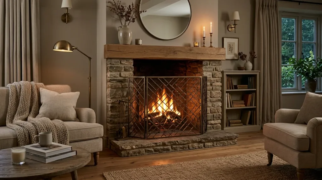 Use a fireplace screen as a style element