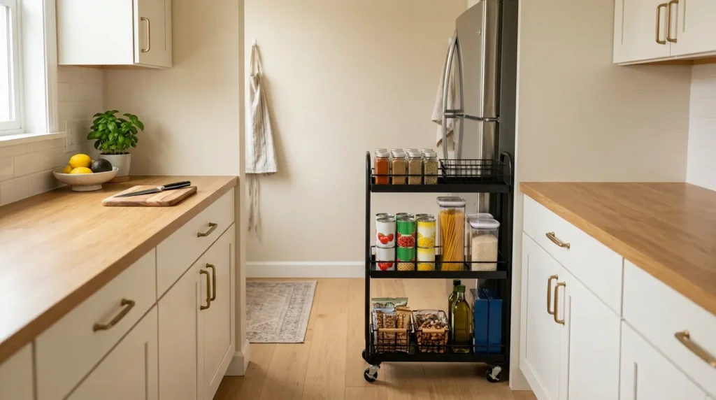 Use a slim rolling cart as a mini pantry